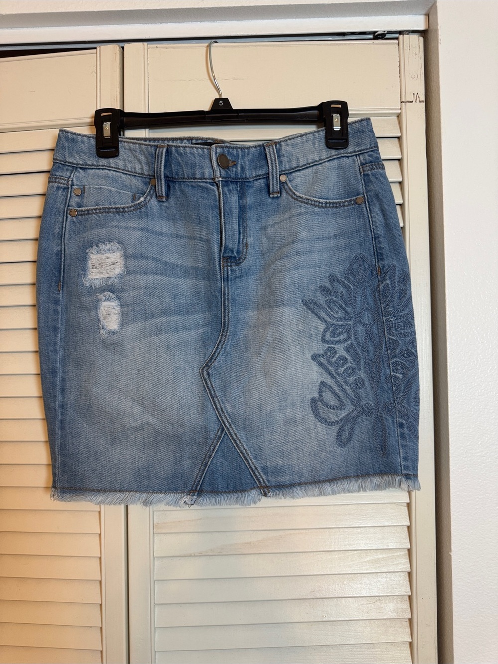 Liverpool Light Blue Denim Embroidered Mini Skirt